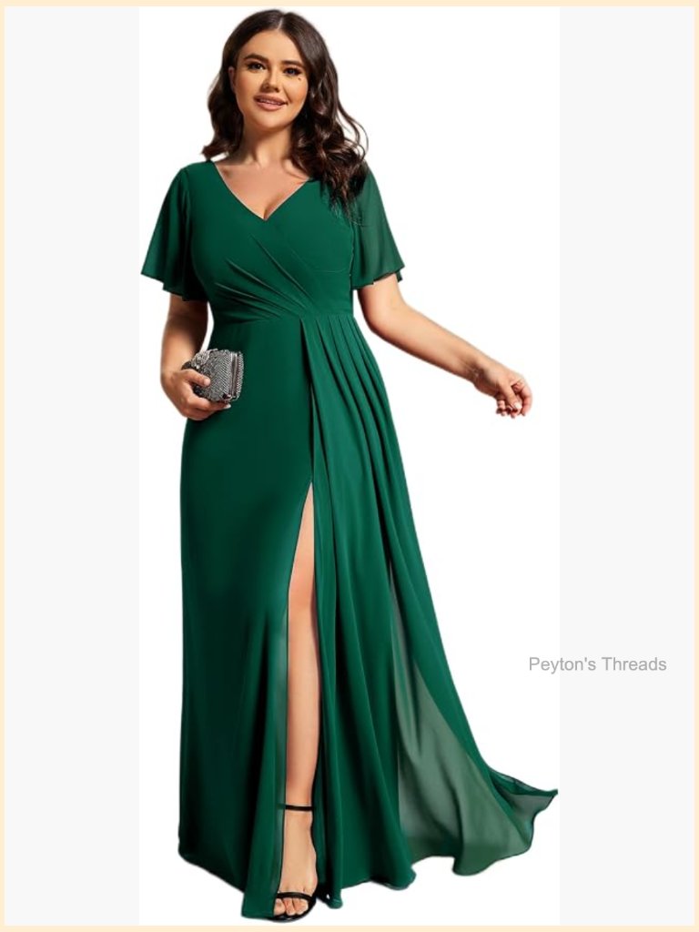 Plus Size V-Neck Chiffon Ruffle Sleeve Maxi Formal Dress
